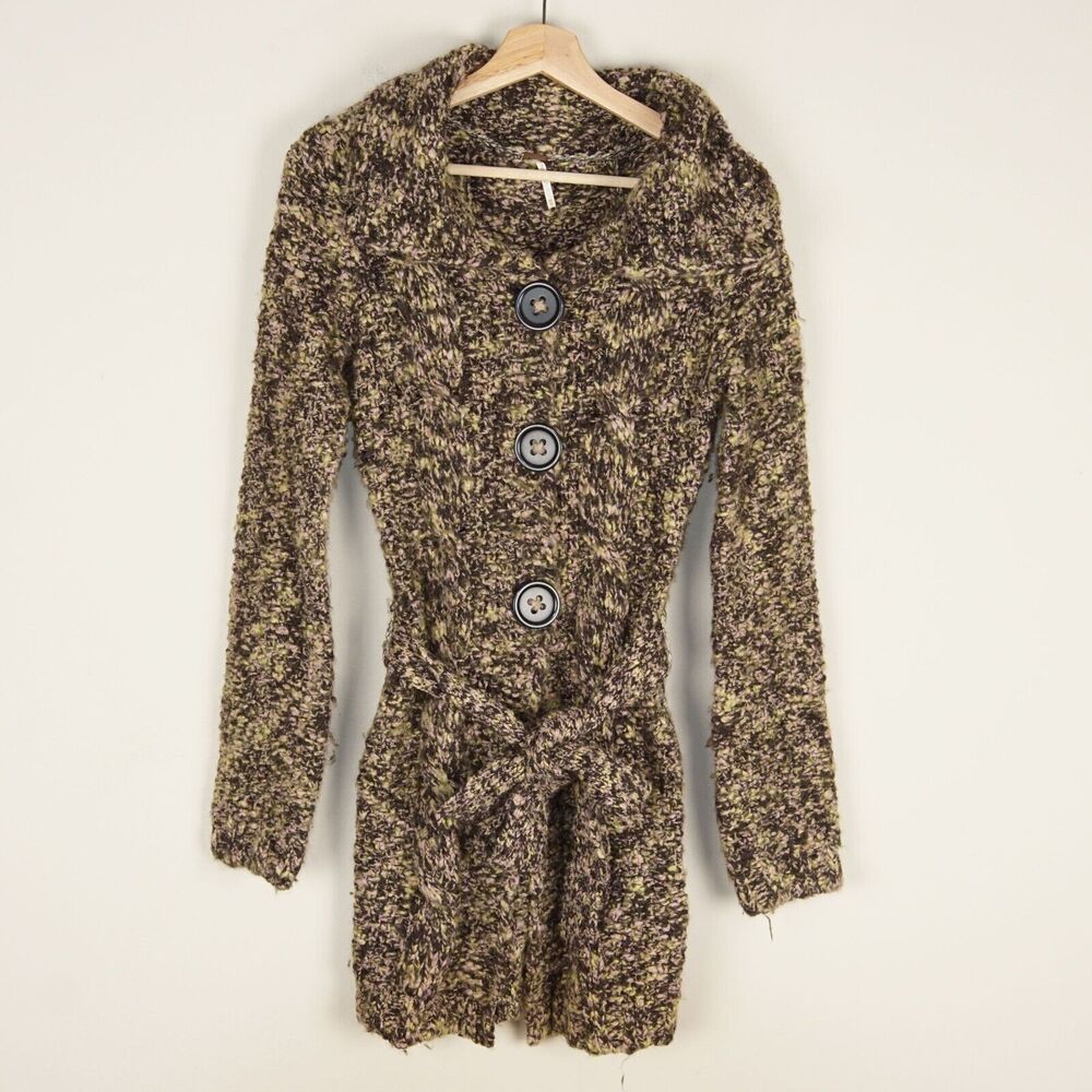 Free People Chunky Duster Belted Knit Green Pink Cardigan Sweater Womens Sz XS
